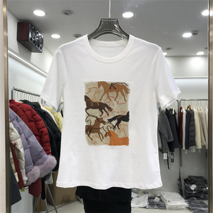 韩版春夏洋气创意宽松上衣女慵懒风百搭圆领小马图案短袖T恤2260