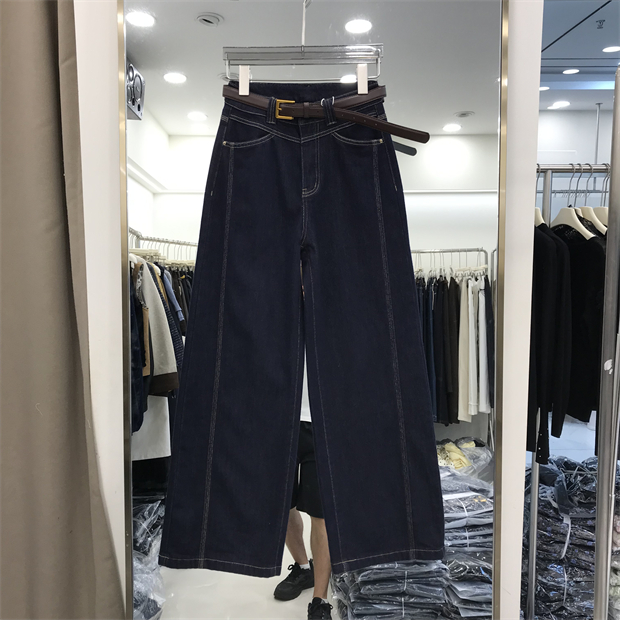2025秋冬加绒复古时尚高腰休闲显瘦直筒牛仔裤女腰带宽松阔腿长裤