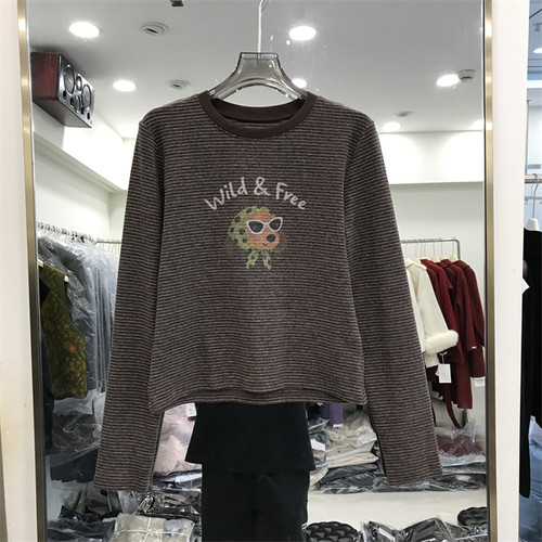 韩系撞色条纹卡通字母印花长袖T恤女2026秋新款洋气减龄上衣93007