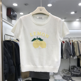 显瘦上衣打底衫 柠檬刺绣针织衫 圆领宽松短袖 新款 19331 女2026春季