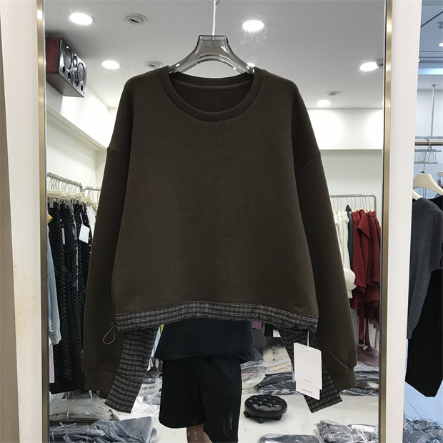 欧货2026秋季新款假两件格子拼接卫衣女宽松百搭慵懒风上衣5971