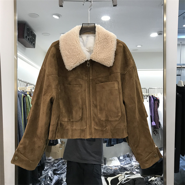 MSSQ白鸭绒麂皮绒外套女100%绵羊毛毛领短款羽绒服冬季夹克66131