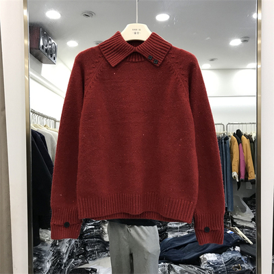 韩系袖扣翻领14.8%绵羊毛针织衫女装设计感小众休闲打底毛衣秋冬
