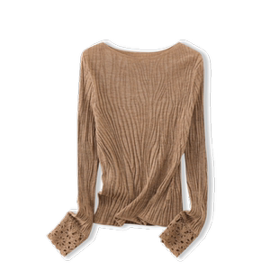 针织套头毛衣女上衣 薄款 轻奢弹力修身 显瘦大圆领水波纹全羊毛长袖