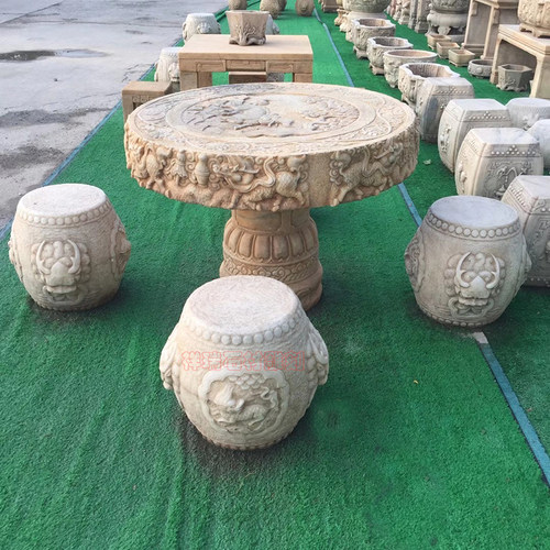 石雕中式仿古石桌子户外别墅庭院花园桌椅石凳子大理石头圆桌摆件