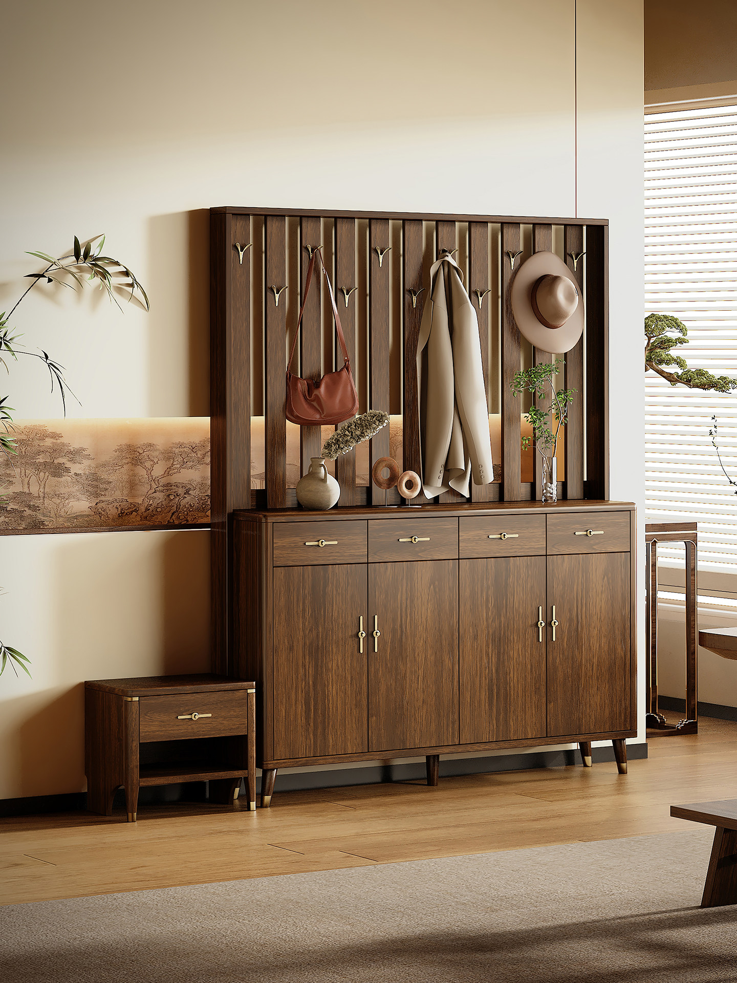 新中式实木鞋柜挂衣架家用门口靠墙一体收纳柜客厅入户玄关衣帽柜,住宅家具,鞋柜,淘宝优惠券,粉丝福利购,淘宝优惠卷