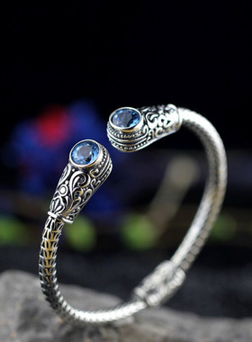 纯银复古泰银印尼手工托帕石手镯