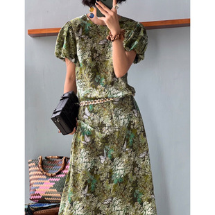 高档桑蚕丝茶歇法式 优雅绿色碎花气质双绉真丝连衣裙女2026年新款