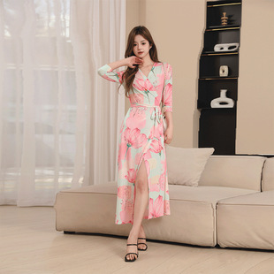 DVF20246夏季 显瘦裹身长裙印花连衣裙PG V领开叉气质修身 欧美新品