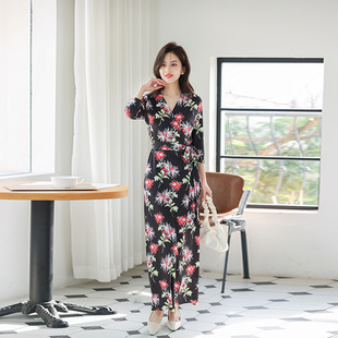 长款 欧美新品 气质黑色复古印花修身 DVF裹身裙中式 连衣裙2026