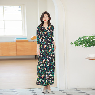 欧美新品V领减龄显瘦法式一片式长款连衣裙女PG DVF裹身裙2026夏