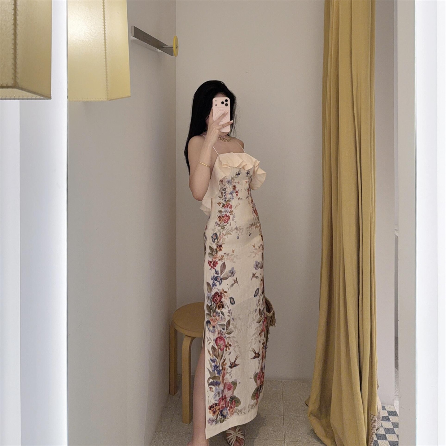 Z家同款新品高端2026连衣裙花鸟定位印花荷叶边挂脖棉度假风优雅