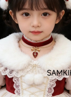 女童新年红色丝绒项链宝宝爱心吊坠蝴蝶结项圈颈带锁骨链颈链配饰