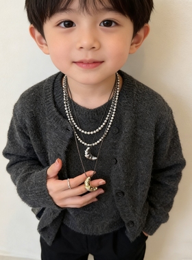 韩系儿童超酷极简牛角包黑皮绳项链高级感轻奢长款挂脖毛衣链配饰