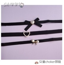 女童复古黑色丝绒蝴蝶结颈链儿童女宝宝爱心珍珠项链脖链choker