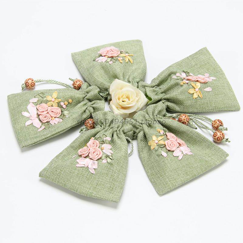 绿色绣花麻布袋 文玩手串手镯首饰袋药草香包空袋子 内衬束绳袋