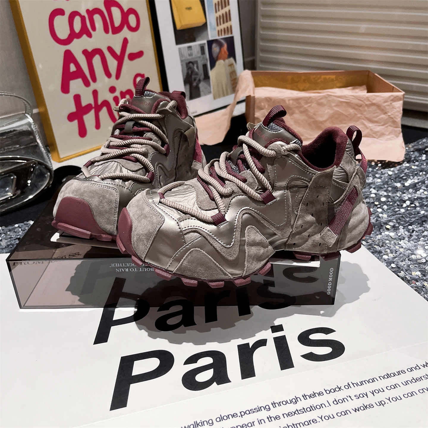 爱米高官方旗舰店2025秋季系带真皮金属厚底松糕加绒老爹鞋运动鞋