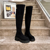 爱米高旗舰店真皮弹力靴加绒长筒女靴高粗跟厚底过膝靴显瘦腿长靴