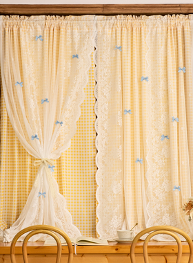 韩式小清新双层蕾丝黄色格子窗帘免打孔魔术贴法式田园风半帘门帘