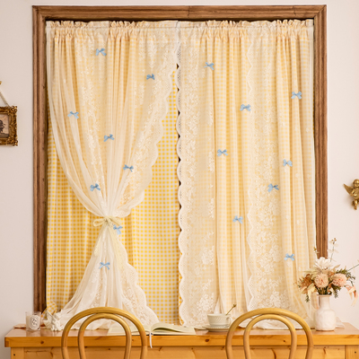 韩式小清新双层蕾丝黄色格子窗帘免打孔魔术贴法式田园风半帘门帘