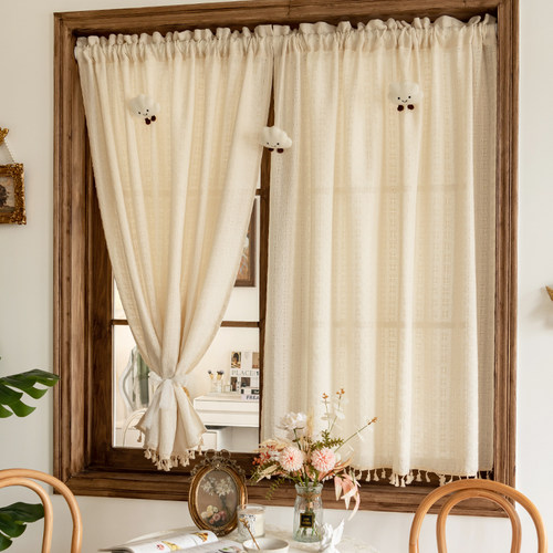 美式复古棉麻窗帘飘窗免打孔半帘