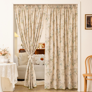 美式乡村绿色花卉布艺门帘隔断帘免打孔复古田园风棉麻窗帘半遮光