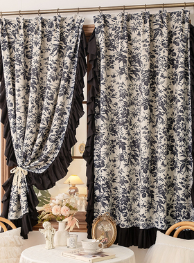 法式复古浪漫荷叶边窗帘遮光卧室客厅黑色洛可可轻奢美式布帘半帘