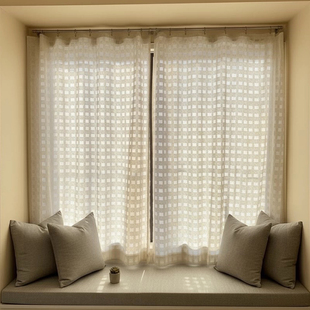 2026年网红奶油风格子镂空纱中古窗帘透光不透人纱帘飘窗客厅阳台