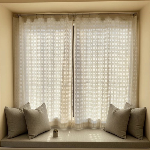 2026年网红奶油风格子镂空纱中古窗帘透光不透人纱帘飘窗客厅阳台