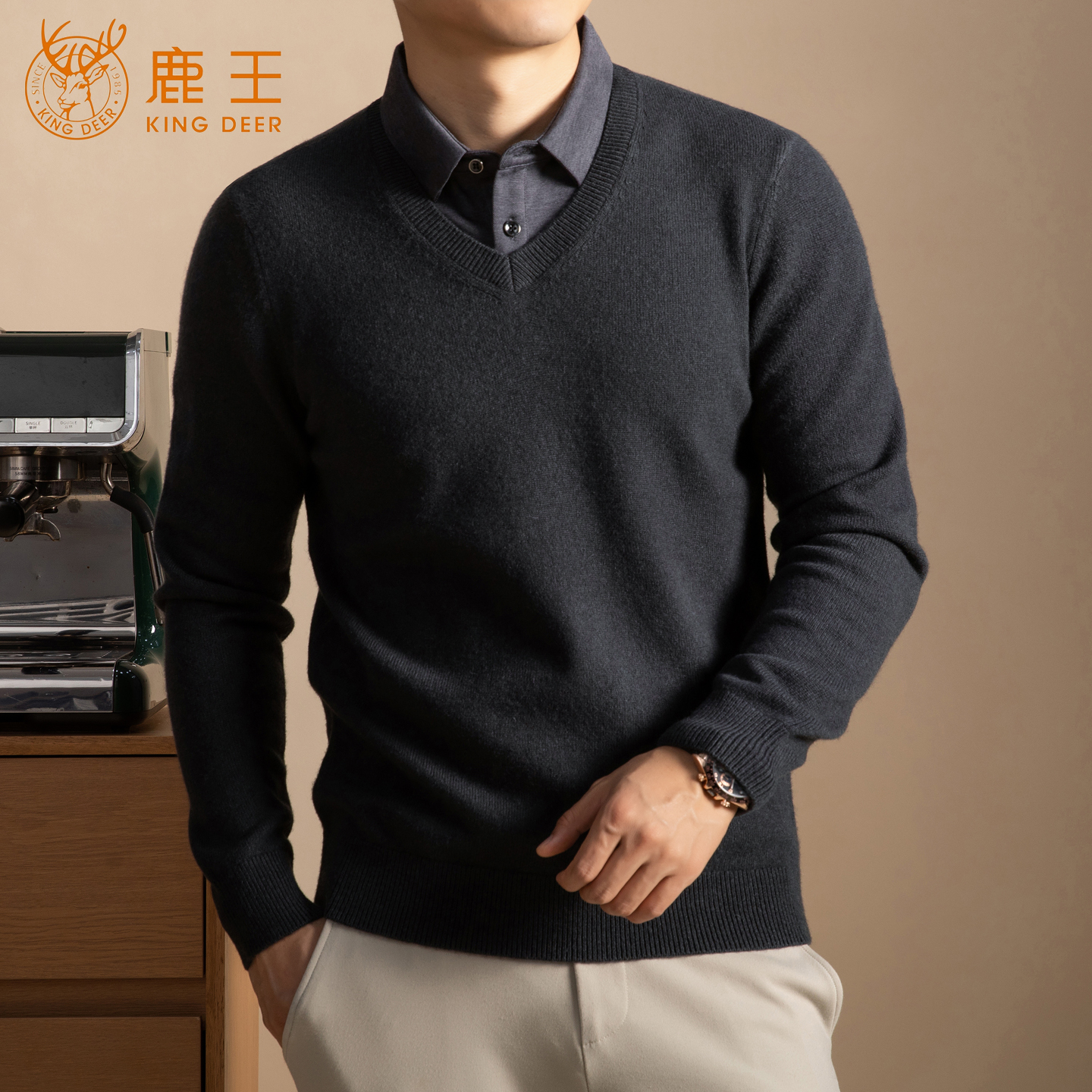 内蒙古鹿王羊绒衫男衬衫领假两件