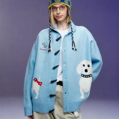 可爱狗狗提花开衫毛衣