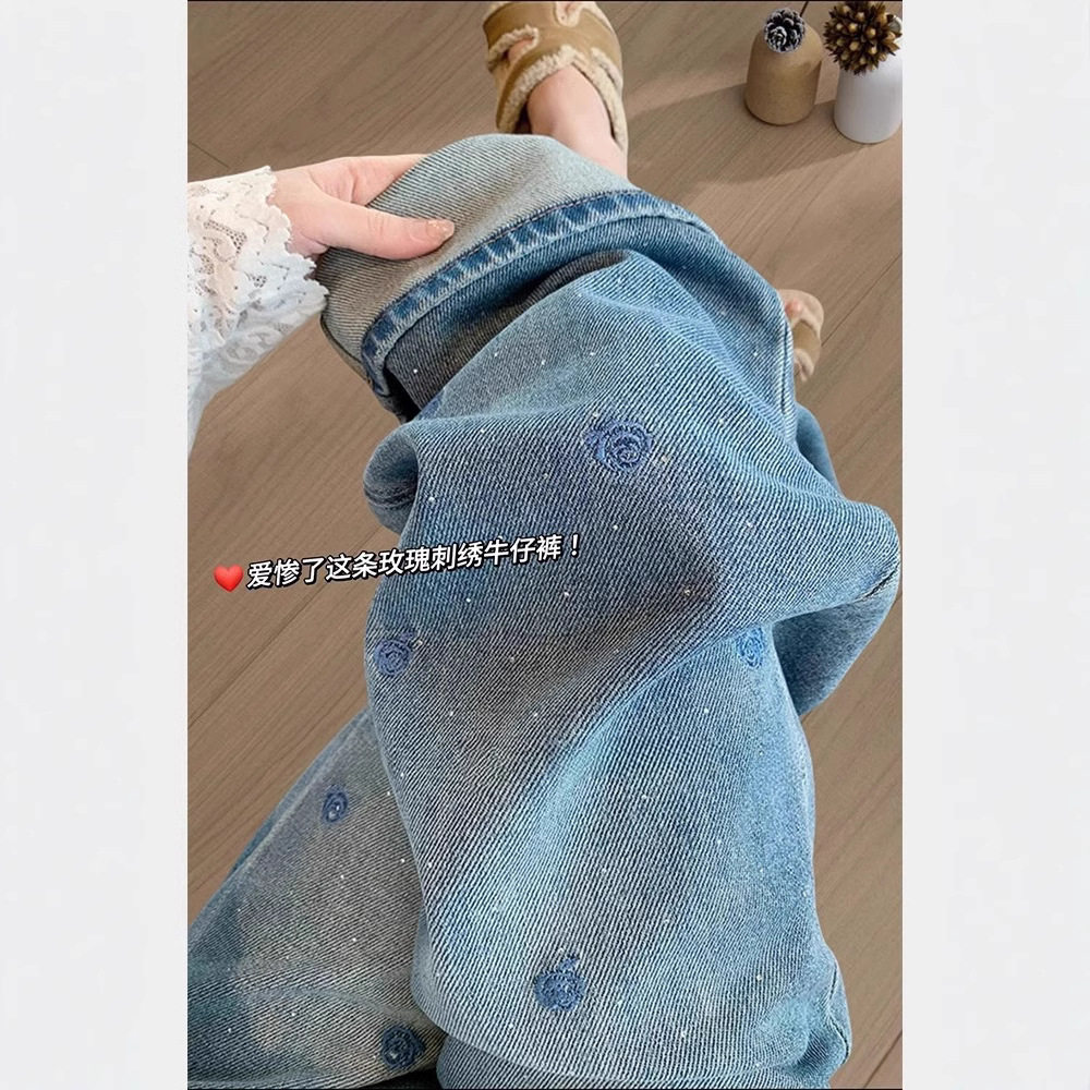 复古水洗蓝刺绣烫钻直筒牛仔裤女春季新款梨形身材显瘦宽松阔腿裤,女装/女士精品,牛仔裤,淘宝优惠券,粉丝福利购,淘宝优惠卷