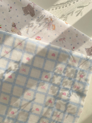 纯棉双层纱蓝粉色爱心小格卡通可爱印花睡衣diy头巾发圈布料