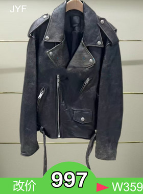 正品MBD3LET002-240开2024秋黑色酷帅机车皮夹克外套