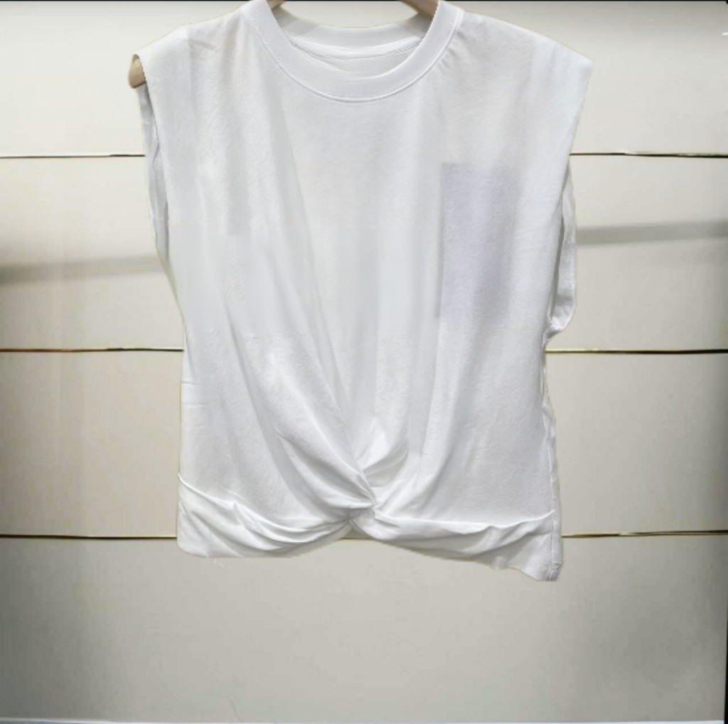 正品MBD2TEE045-240开2024年夏捏褶短款宽肩无袖T恤