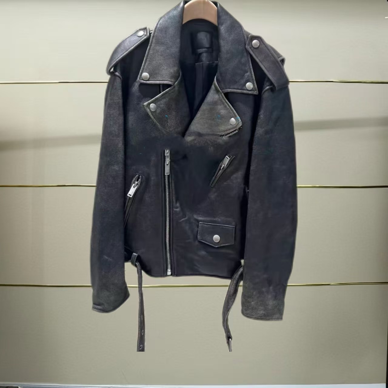 正品MBD3LET002-240开2024秋黑色酷帅机车皮夹克外套