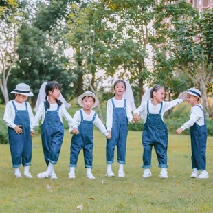 套装 新款 牛仔背带裤 帽子头纱幼儿园毕业照季 拍摄儿童服装 白T短袖