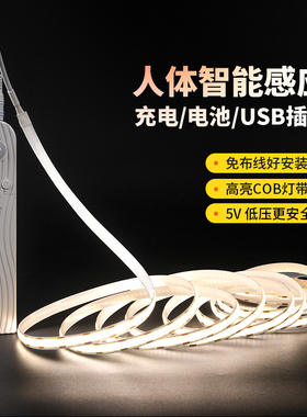 5V无线COB智能人体感应灯带充电玄关衣橱鞋柜高亮USB插电线形灯条