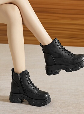 卓诗尼厚底马丁靴机车靴女黑色厚底内增高马丁靴小个子显瘦短靴