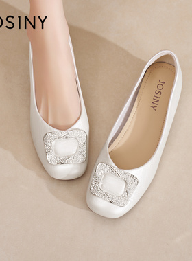 卓诗尼26春季法式水钻方扣玛丽珍鞋女白色浅口一脚蹬新娘婚鞋