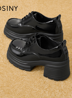 Josiny/卓诗尼26春季英伦风厚底乐福鞋女漆皮松糕鞋增高小皮鞋