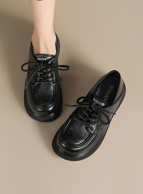 Josiny/卓诗尼学院风厚底乐福鞋女黑色真皮系带单鞋增高小皮鞋