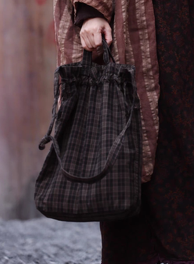 YLZL衣路走来 原创设计复古格子亚麻双层可手提单肩斜挎包 38580