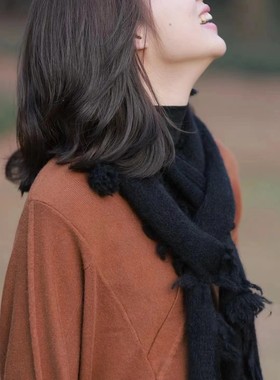 MMBL文艺原创慢慢变蓝荼柔软可爱小球球长款超细腻羊绒围巾