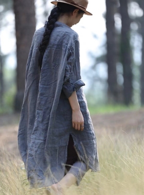 MMBL慢慢变蓝荼设计师款亚麻做旧中长款衬衫开衫连衣裙33353