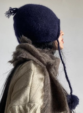 MMBL慢慢变蓝荼文艺做旧设计师款秋冬羊绒好看的球球帽35382