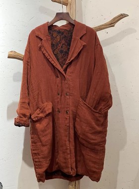 YLZL衣路走来原创设计春季新款亚麻翻领双排扣中长款外套 38461