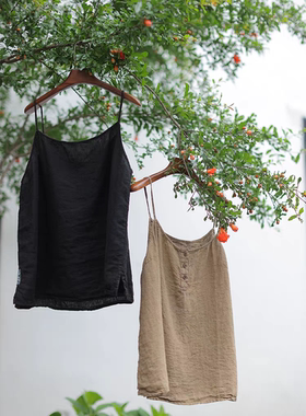 MMBL慢慢变蓝原创荼 100亚麻做旧小吊带 复古文艺百搭打底