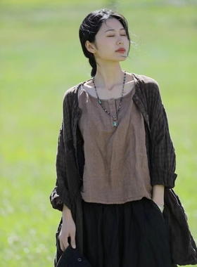 MMBL荼系列原创35139亚麻做旧百搭打底吊带背心女