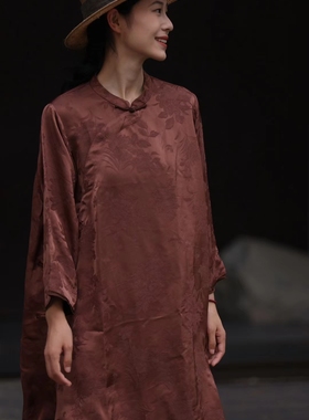 MMBL文艺复古慢慢变蓝荼桑蚕丝斜襟盘扣连衣裙袍子33698